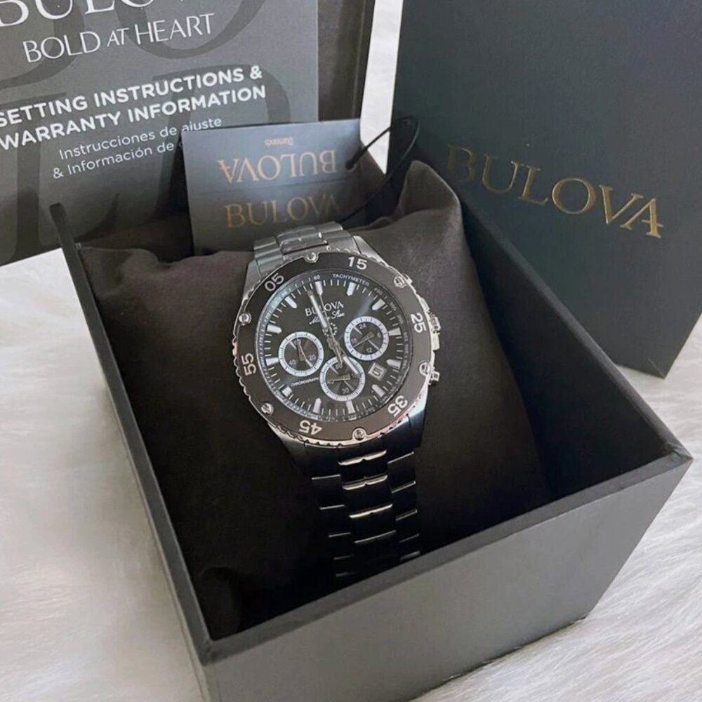 Men Bulova Classic Black Marine Star Chronograph Watch
